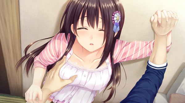 Anime picture 1280x720 with boku no hitori sensou akabei soft2 inuzuka rumi alpha (yukai na nakamatachi) long hair blush fringe light erotic black hair brown hair wide image standing game cg eyes closed parted lips from above holding hands hand on chest girl dress