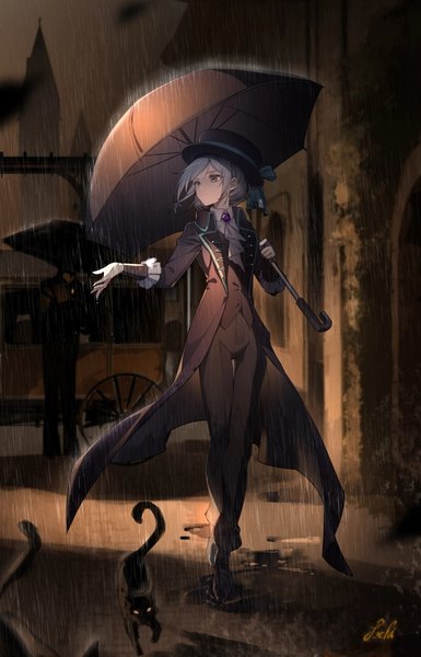 Anime picture 620x965 with reverse:1999 vertin (reverse:1999) joehi single tall image short hair looking away full body outdoors grey hair grey eyes outstretched arm rain walking girl animal umbrella cat cloak brooch
