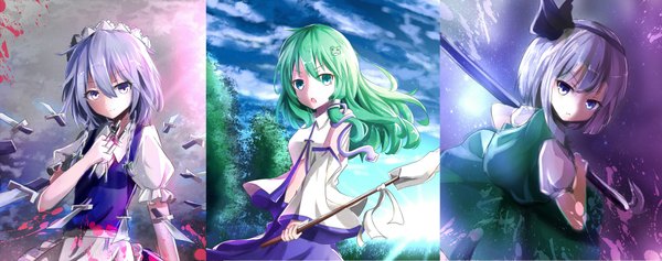 イラスト 2150x850 と 東方 十六夜咲夜 魂魄妖夢 東風谷早苗 リン☆ユウ 長髪 カメラ目線 highres 短い髪 開いた口 青い目 wide image 立つ 紫目 multiple girls 緑の目 空 銀髪 cloud (clouds) green hair