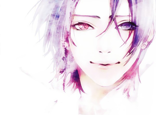 Anime picture 1280x948 with katekyou hitman reborn rokudo mukuro rock'n'dolless single looking at viewer short hair simple background smile white background purple hair heterochromia boy earrings