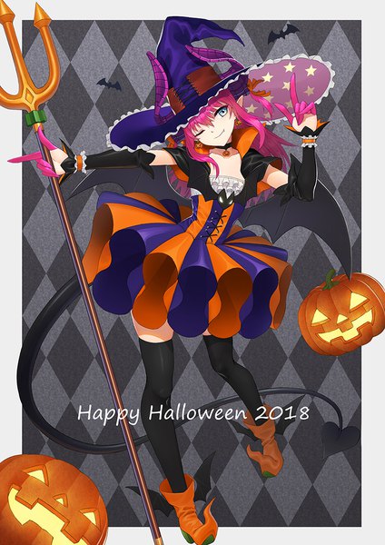 Anime picture 827x1169 with fate (series) fate/grand order elizabeth bathory (fate) (all) elizabeth bathory (halloween caster) (fate) sion (9117) single long hair tall image looking at viewer fringe blue eyes simple background hair between eyes standing holding pink hair full body tail head tilt one eye closed