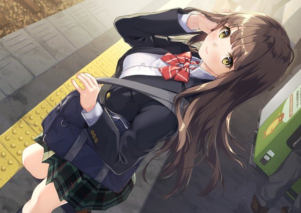 Anime picture 2259x1597 with original unasaka ryou long hair looking at viewer blush fringe highres smile brown hair standing yellow eyes outdoors blunt bangs long sleeves pleated skirt arm up from above sunlight dutch angle adjusting hair