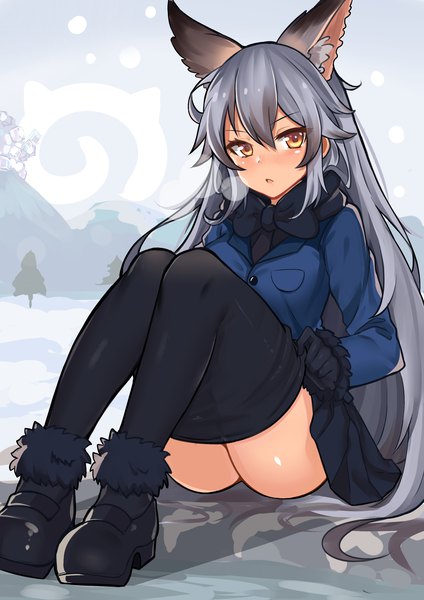 Anime picture 2480x3507 with kemono friends silver fox (kemono friends) slm single long hair tall image looking at viewer blush fringe highres light erotic hair between eyes sitting animal ears yellow eyes bent knee (knees) ass tail parted lips animal tail