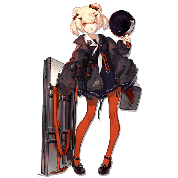Anime-Bild 1024x1024 mit arknights gummy (arknights) skade single looking at viewer short hair blonde hair red eyes standing twintails animal ears full body one eye closed wink official art short twintails transparent background sailor collar bear ears girl