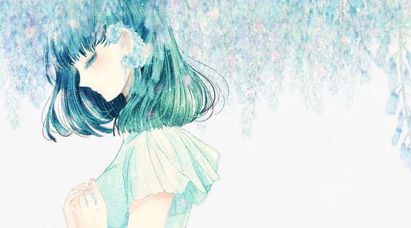 Anime picture 1000x555 with original kurage (youmaycry) single fringe short hair breasts wide image eyes closed profile green hair girl flower (flowers) plant (plants) wisteria