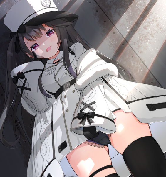 Anime picture 1467x1559 with azur lane pamiat merkuria (azur lane) siera (sieracitrus) single long hair tall image looking at viewer blush fringe breasts open mouth light erotic black hair standing purple eyes payot blunt bangs long sleeves :d arm up