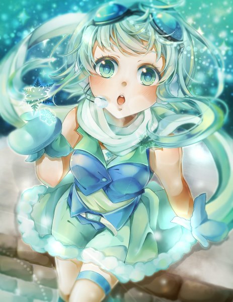 Anime picture 1000x1294 with vocaloid gumi nou single tall image looking at viewer blush short hair open mouth green eyes green hair from above :o snowing winter girl dress headphones scarf snowflake (snowflakes)