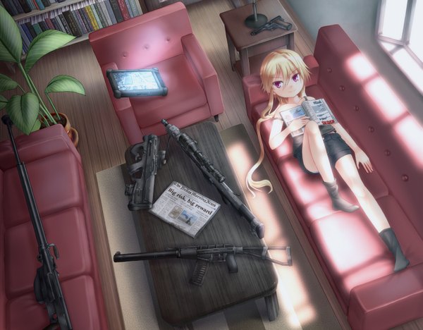 Anime picture 1500x1172 with original jessica jefferson dreadtie long hair blonde hair twintails pink eyes girl weapon plant (plants) socks shorts gun black socks couch table pistol assault rifle