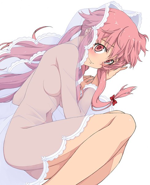 Anime picture 815x1000 with mirai nikki gasai yuno saipaco single long hair tall image looking at viewer blush fringe breasts light erotic simple background smile white background twintails bare shoulders pink hair pink eyes bare belly bare legs
