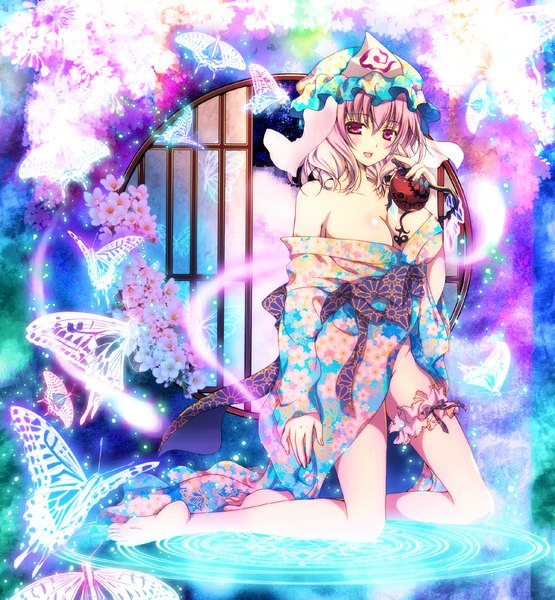 Anime picture 1000x1080 with touhou saigyouji yuyuko pekopokox single tall image blush short hair breasts open mouth light erotic bare shoulders holding pink hair cleavage :d japanese clothes pink eyes barefoot magic girl