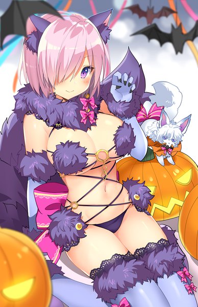 Anime picture 700x1082 with fate (series) fate/grand order mash kyrielight fou (fate) dangerous beast kurot single tall image looking at viewer blush fringe short hair breasts light erotic smile large breasts sitting purple eyes animal ears pink hair