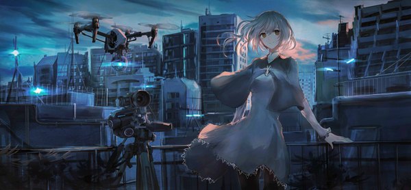 Anime picture 2511x1167 with original swav single looking at viewer blush fringe highres short hair smile hair between eyes wide image standing cloud (clouds) outdoors wind grey hair orange eyes city evening light