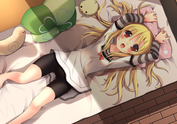 Anime picture 1210x853 with oruton (artist) single long hair blush open mouth blonde hair red eyes lying loli striped pillow bed