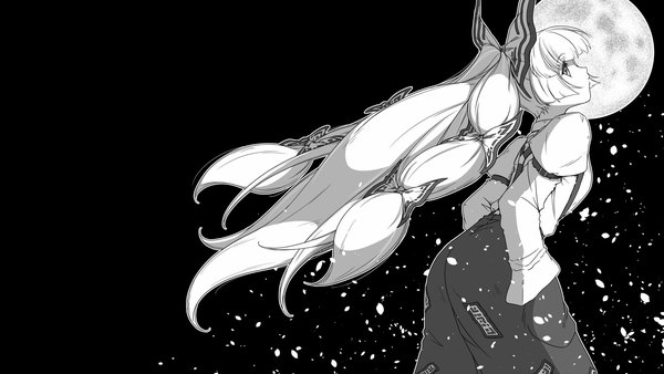 Anime picture 1920x1080 with touhou fujiwara no mokou sunatoshi single long hair looking at viewer highres simple background wide image long sleeves profile from behind wallpaper black background monochrome hands in pockets outline girl bow hair bow