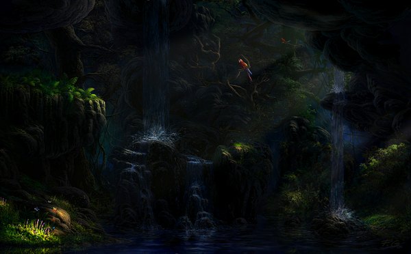 Anime picture 1680x1042 with original fel-x (artist) wide image wallpaper no people landscape scenic river waterfall flower (flowers) animal tree (trees) water bird (birds) forest parrot roots