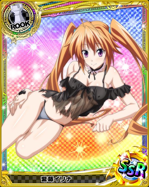 Anime picture 640x800 with highschool dxd shidou irina single tall image looking at viewer breasts light erotic brown hair twintails purple eyes bare shoulders very long hair light smile pantyshot torn clothes card (medium) girl underwear panties nightie