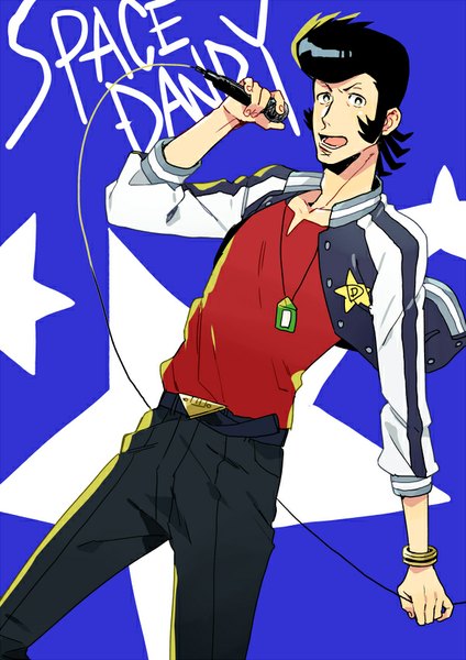 Anime picture 601x850 with space dandy studio bones dandy (space dandy) mosuko single tall image looking at viewer short hair open mouth black hair black eyes copyright name singing star print pompadour boy bracelet star (symbol) microphone wire (wires)