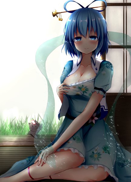 Anime picture 901x1250 with touhou kaku seiga tapuri (hurleyx) single tall image looking at viewer blush fringe short hair breasts blue eyes light erotic hair between eyes large breasts blue hair short sleeves floral print hand on knee girl dress