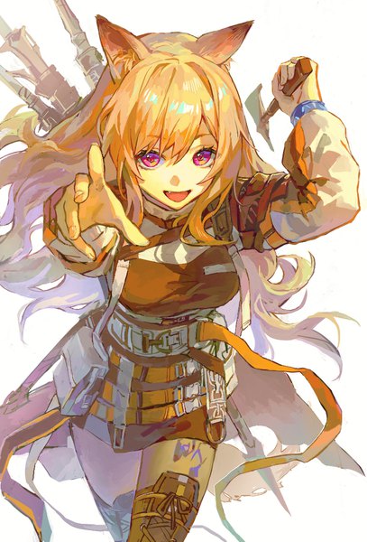 Anime picture 791x1165 with arknights ceobe (arknights) dogdogbhh single long hair tall image looking at viewer open mouth simple background white background animal ears tail :d animal tail pink eyes orange hair outstretched hand girl weapon axe