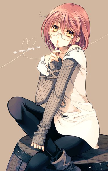 Anime picture 560x880 with nanatsu no taizai a-1 pictures gowther (nanatsu no taizai) ayamiya fumi single tall image fringe short hair simple background hair between eyes sitting bare shoulders looking away pink hair bent knee (knees) parted lips off shoulder copyright name crossed legs finger to mouth