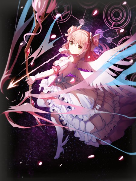 Anime picture 2400x3200 with mahou shoujo madoka magica shaft (studio) kaname madoka goddess madoka red flowers single long hair tall image fringe highres yellow eyes looking away pink hair full body light smile two side up fighting stance white wings space girl