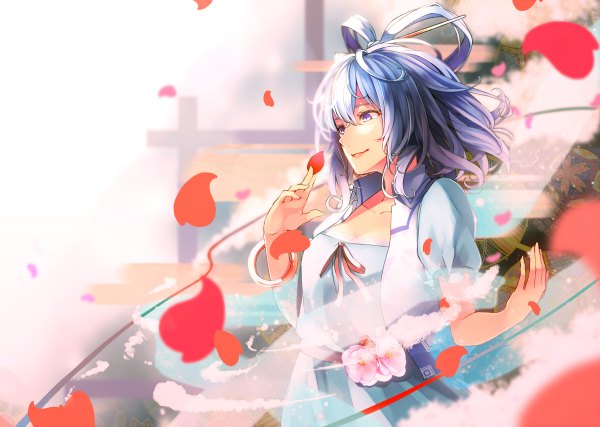 Anime picture 1200x854 with touhou kaku seiga retsuna single short hair smile purple eyes blue hair looking away pink hair purple hair multicolored hair wind outstretched arm girl plant (plants) petals bracelet thread red thread