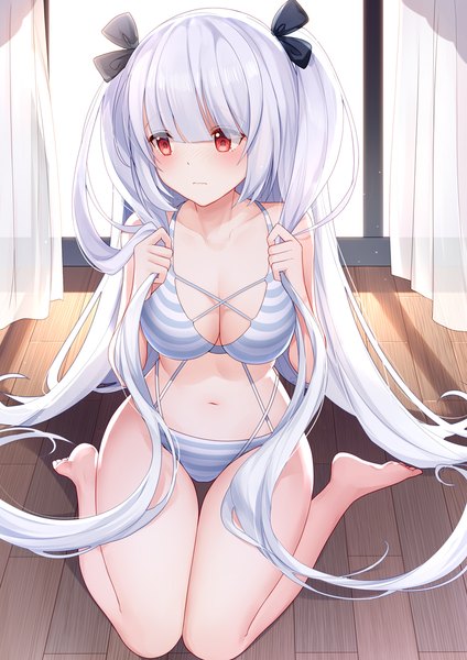 Anime-Bild 800x1131 mit warship girls r essex (warship girls r) bison cangshu single long hair tall image blush fringe breasts light erotic red eyes large breasts sitting payot looking away cleavage silver hair full body indoors blunt bangs