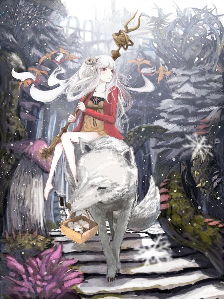 Anime picture 900x1200 with original baby soul single long hair tall image fringe red eyes sitting holding white hair barefoot horn (horns) bare legs legs mouth hold snowing pale skin girl hair ornament plant (plants)