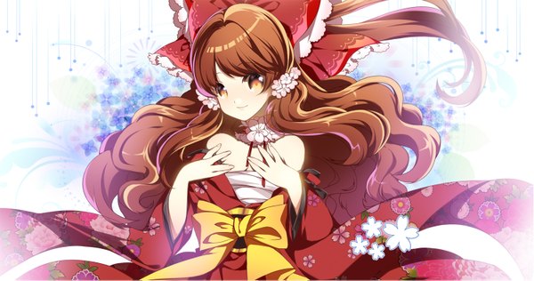 Anime picture 1500x791 with touhou hakurei reimu roh nam kyung long hair brown hair wide image brown eyes japanese clothes miko girl bow hair bow obi