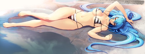 Anime picture 2000x750 with original tsunekun single long hair highres light erotic red eyes wide image blue hair lying girl navel swimsuit bikini water striped bikini