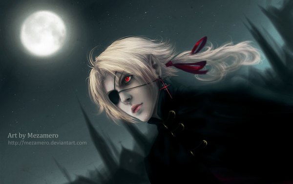 Anime picture 1100x690 with mezamero single long hair blonde hair red eyes sky ahoge ponytail pointy ears realistic inscription night night sky glowing cityscape vampire boy ribbon (ribbons) hair ribbon earrings