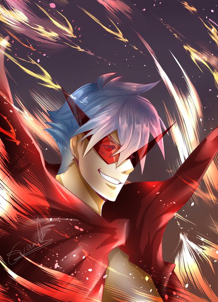 Anime picture 3000x4154 with tengen toppa gurren lagann gainax kamina evanrank single tall image fringe highres short hair smile hair between eyes red eyes signed blue hair looking away upper body parted lips grin boy cape