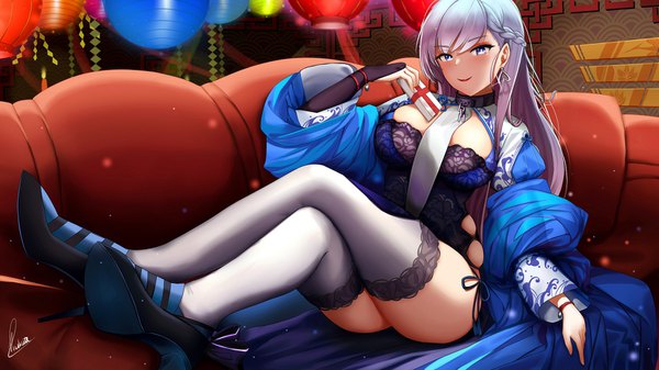 Anime picture 1561x878 with azur lane belfast (azur lane) belfast (iridescent rose) (azur lane) piukute062 single long hair looking at viewer blush fringe breasts open mouth blue eyes light erotic smile wide image large breasts sitting holding signed cleavage