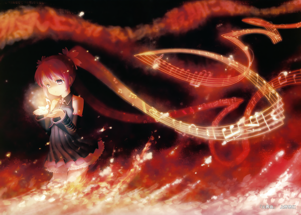 Anime picture 4237x3027 with vocaloid hatsune miku single long hair highres twintails absurdres red hair very long hair hieroglyph black background music girl dress detached sleeves black dress fire musical note