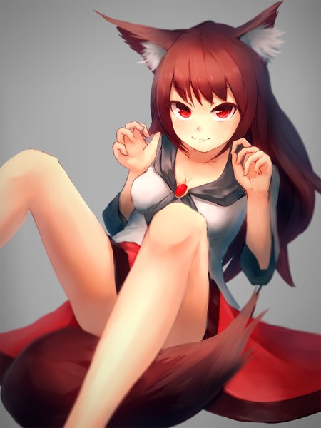 Anime picture 1080x1440 with touhou imaizumi kagerou shone single long hair tall image looking at viewer fringe breasts light erotic simple background smile red eyes brown hair sitting animal ears tail long sleeves animal tail grey background