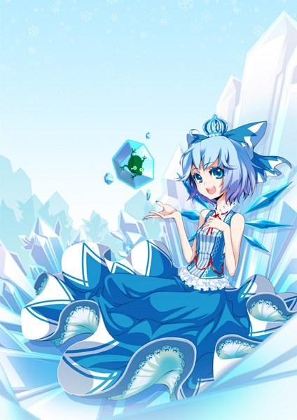 Anime picture 707x1000 with touhou cirno hong (white spider) single tall image fringe short hair open mouth blue eyes smile blue hair purple hair sleeveless girl dress bow hair bow crown large bow