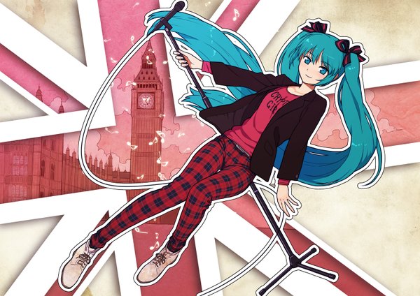 Anime picture 1500x1060 with vocaloid hatsune miku urue single smile twintails very long hair aqua eyes aqua hair dutch angle plaid girl ribbon (ribbons) hair ribbon jacket musical note microphone stand tower british flag