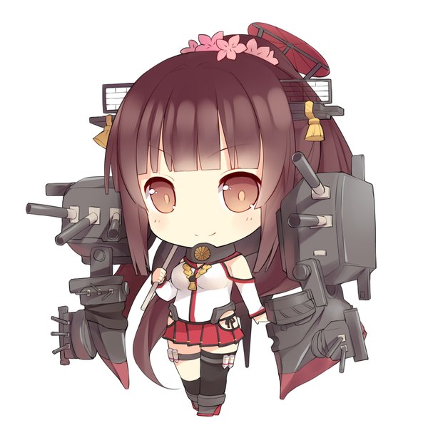Anime picture 1771x1771 with kantai collection yamato super battleship saru (longbb) single looking at viewer highres simple background brown hair white background brown eyes ponytail very long hair traditional clothes japanese clothes hair flower chibi girl thighhighs skirt hair ornament