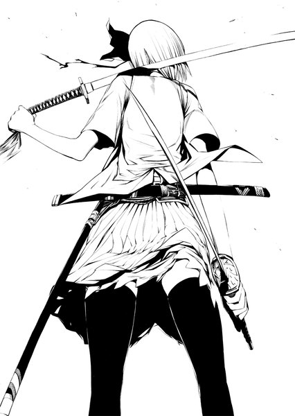 Anime picture 909x1280 with touhou konpaku youmu onigunsou single tall image short hair simple background standing white background pleated skirt wind from below back monochrome girl thighhighs skirt weapon black thighhighs sword
