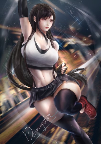 Anime picture 3080x4357 with final fantasy final fantasy vii final fantasy vii remake square enix tifa lockhart donyta single long hair tall image looking at viewer fringe highres breasts light erotic black hair red eyes large breasts standing absurdres cleavage