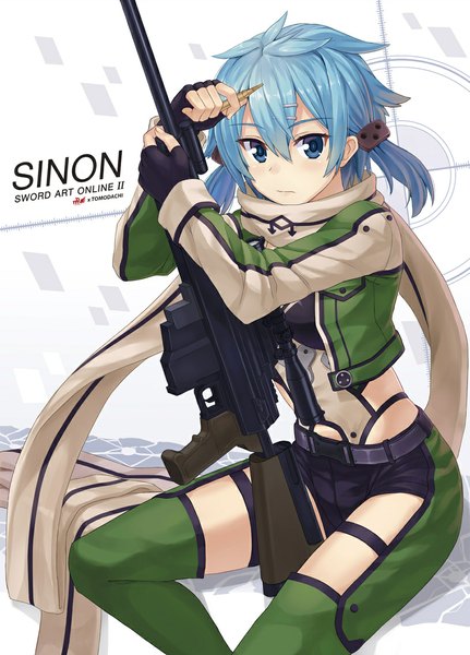 Anime picture 815x1134 with sword art online a-1 pictures asada shino npcpepper single tall image looking at viewer blush short hair blue eyes sitting blue hair girl gloves weapon scarf fingerless gloves gun sniper rifle