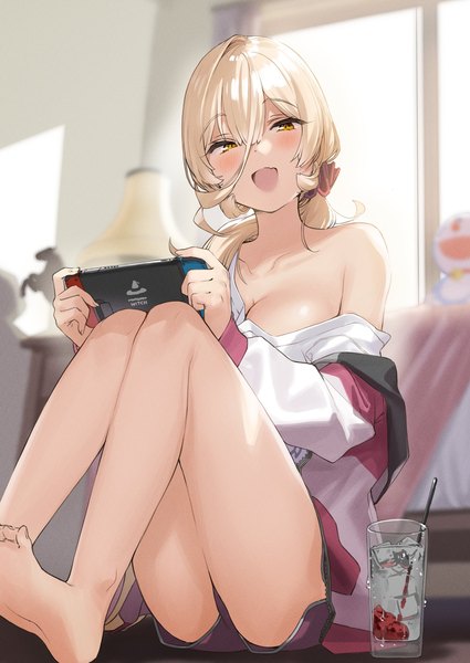Anime picture 1451x2048 with virtual youtuber nintendo nijisanji nui sociere kanzarin (hoochikiss) single long hair tall image looking at viewer fringe breasts open mouth light erotic blonde hair hair between eyes large breasts sitting yellow eyes indoors :d