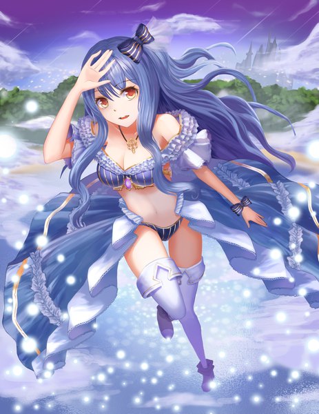Anime picture 2700x3500 with original gya (144) single long hair tall image looking at viewer fringe highres breasts open mouth light erotic hair between eyes bare shoulders yellow eyes blue hair sky cloud (clouds) full body sparkle shadow