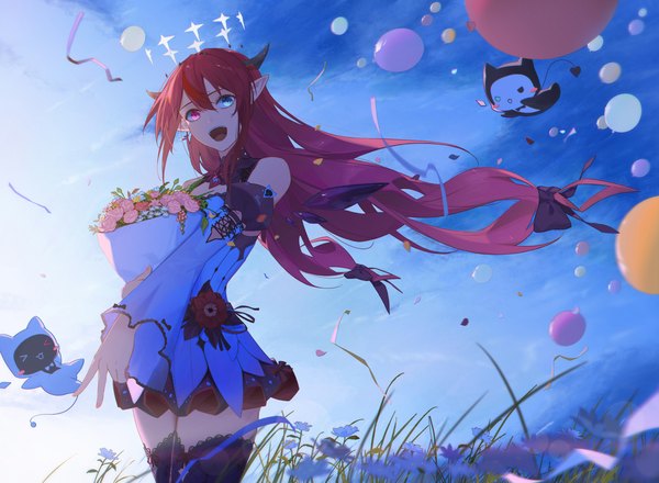 Anime picture 2962x2170 with virtual youtuber hololive hololive english irys (hololive) gloom (irys) bloom (irys) reirz single long hair looking at viewer fringe highres open mouth hair between eyes sky outdoors red hair :d horn (horns) wind