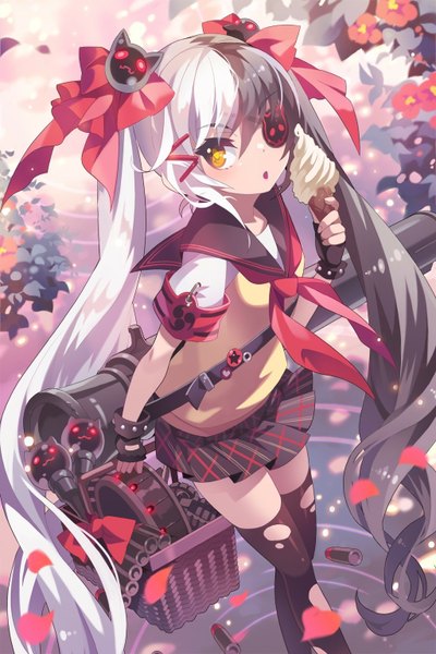 Anime picture 1024x1536 with blade & soul po hwa ran (blade & soul) single long hair tall image looking at viewer fringe black hair standing twintails yellow eyes white hair very long hair parted lips multicolored hair from above two-tone hair girl thighhighs gloves