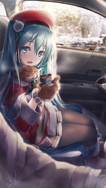 Anime picture 2160x3840 with vocaloid hatsune miku daidou (demitasse) long hair tall image looking at viewer blush fringe highres open mouth hair between eyes sitting twintails aqua eyes aqua hair christmas solo focus car interior girl skirt