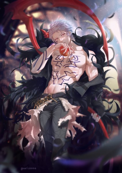 Anime picture 724x1024 with granblue fantasy gran (granblue fantasy) forbidden alter ego (granblue fantasy) ishimaru akira single tall image short hair red eyes silver hair from below tattoo topless shaded face muscle hand to mouth abs boy weapon feather (feathers) fruit