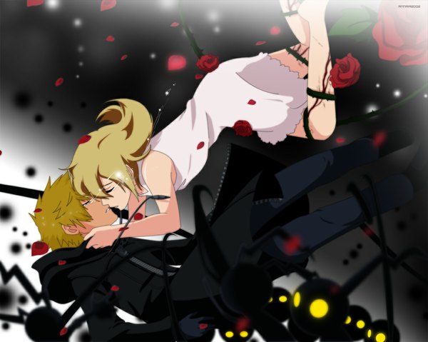 Anime picture 1024x819 with kingdom hearts square enix roxas namine annria2002 long hair short hair blonde hair couple tears kiss falling almost kiss girl dress boy gloves petals white dress rose (roses)