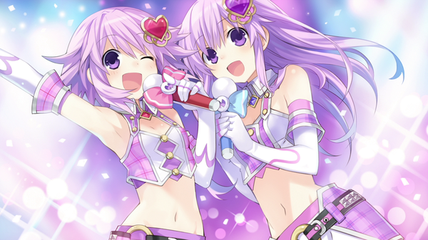 Anime picture 1280x720 with choujigen game neptune kami jigen game neptune v neptune (choujigen game neptune) nepgear tsunako long hair short hair open mouth wide image purple eyes bare shoulders multiple girls purple hair one eye closed wink official art midriff girl gloves navel