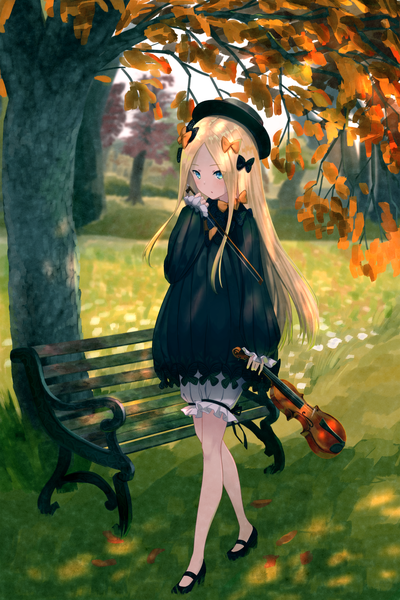Anime picture 1200x1800 with fate (series) fate/grand order abigail williams (fate) mitamura single long hair tall image looking at viewer blush fringe open mouth blue eyes blonde hair holding payot full body outdoors long sleeves walking girl